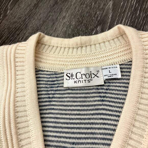 EUC Vintage St. Croix Knits Wool V Neck Sweater Cream Blue Diamond USA Made Sz L - Picture 14 of 16